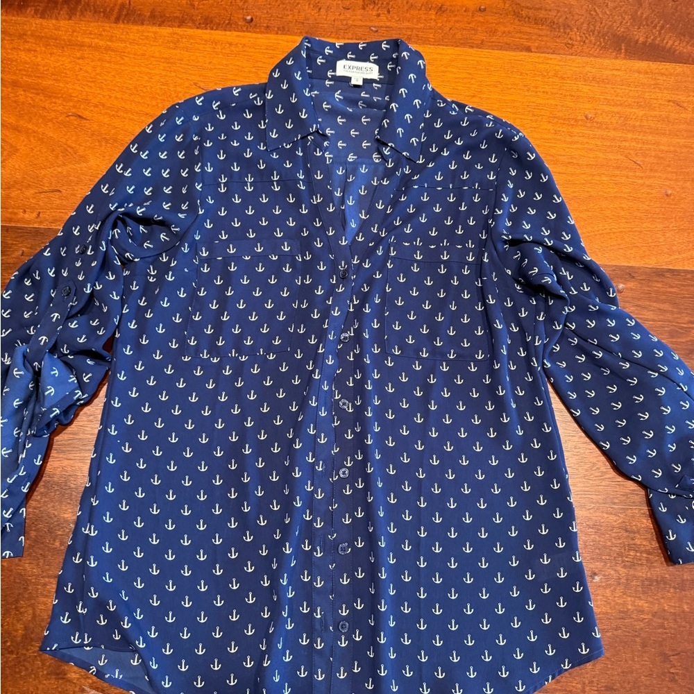 Express Blue Anchor Print Women's Button Down Shirt